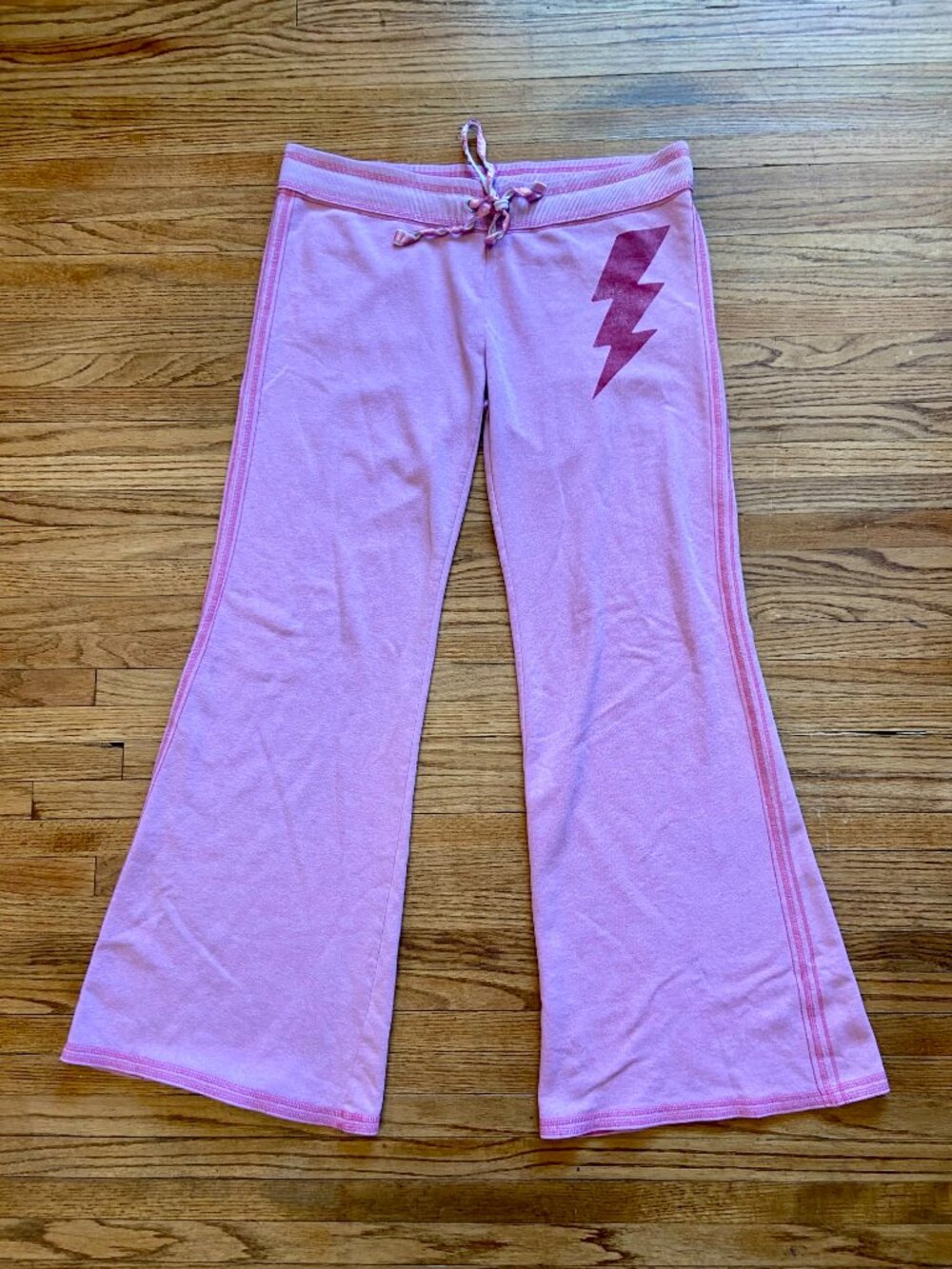 Victorias Secret PINK Flare Sweat Pants Drawstring Cotton Lightening Bolt Low L - Picture 4 of 14